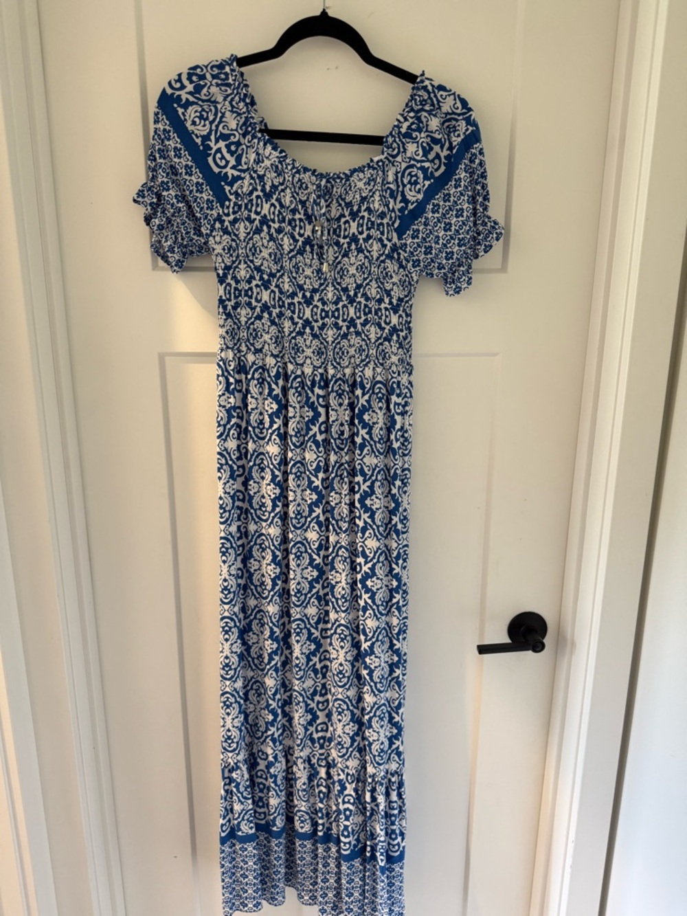 Blue and White Smocked Maxi Dress with Short Flutter Sleeves